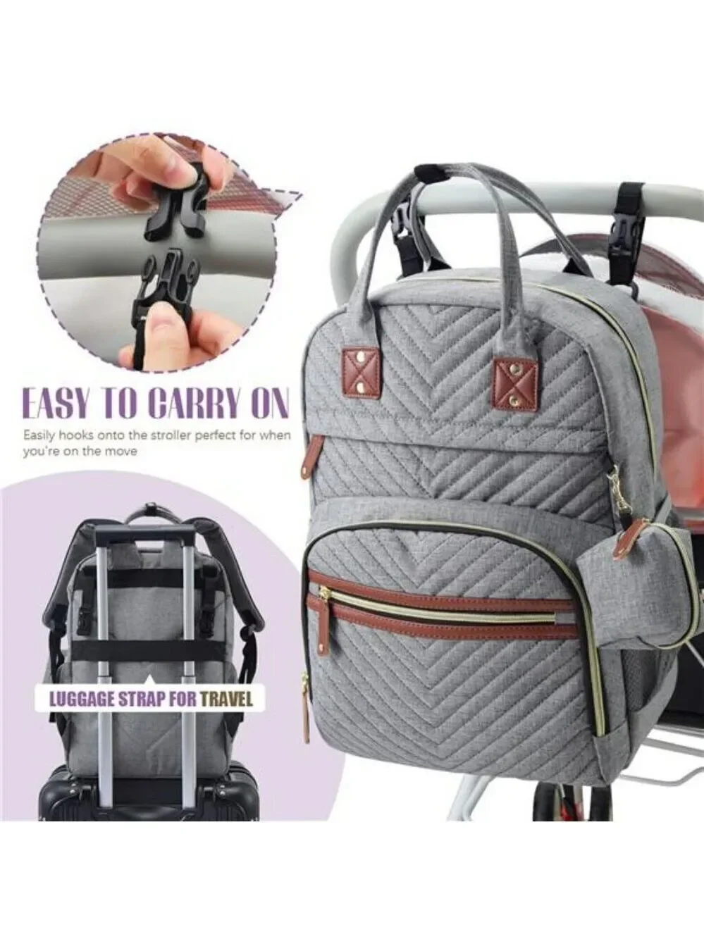 Tuwubi Diaper Bag Backpack Baby Travel Tote Waterproof Stroller Straps Grey